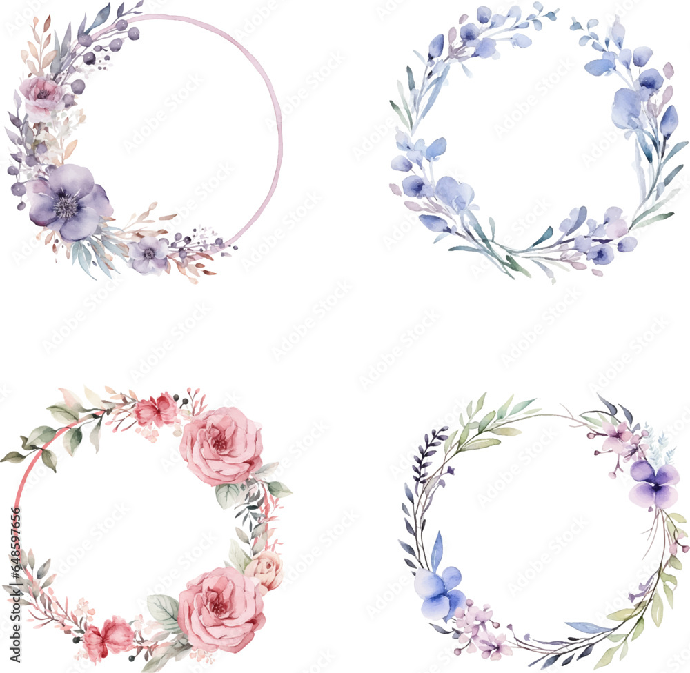 set of watercolor round flower frame illustrations, template wedding invitation card