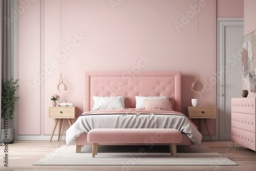 Simplistic pink bedroom interior with bed. Generative AI