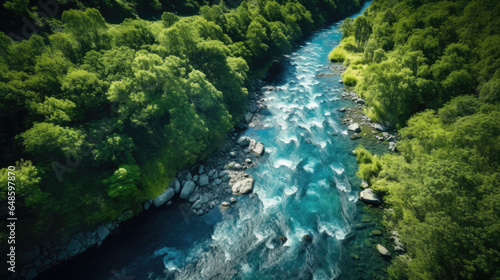 Top view from a drone capturing a winding river flowing through a lush forest