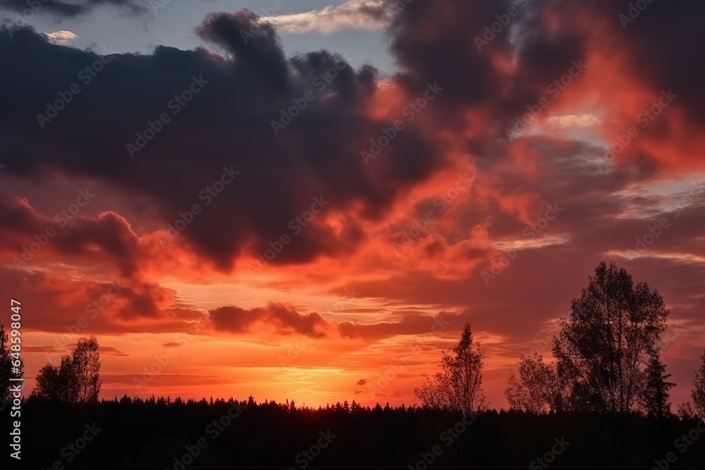 A serene sunset with beautiful clouds and trees in the foreground