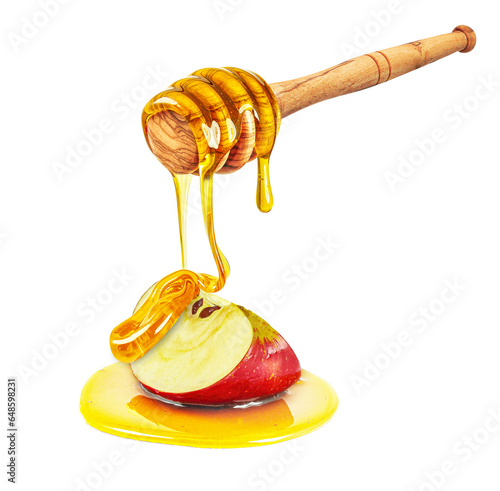 dripping honey on apple isolated on white background