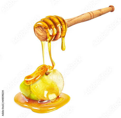 dripping honey on apple isolated on white background
