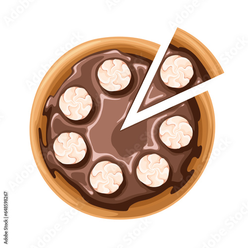 Chocolate pie with slice, top view vector illustration. Cartoon isolated round sliced choco tart with crust, cream decoration, whole cake and cut pie piece for serving at home, in cafe or restaurant