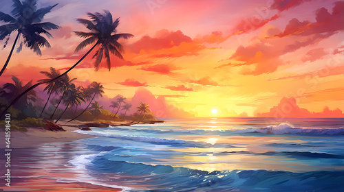 Summer background palms, sky and sea sunset. gorgeous landscape, watercolor photo