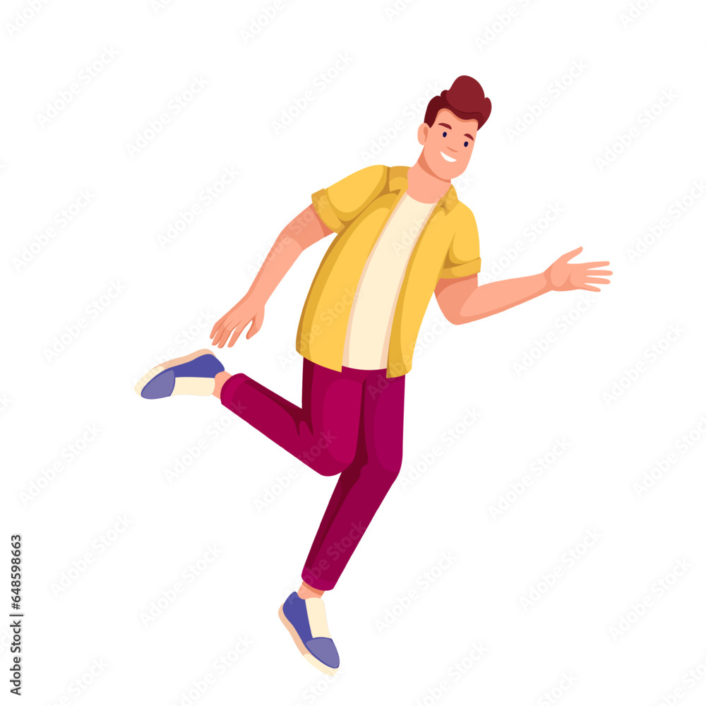 Happy man dancer dancing with jumps vector illustration. Cartoon isolated excited male dancer character jumping to energetic music to enjoy fun dynamic dance with delight and joy, guy smiling Happy man dancer dancing with jumps vector illustration. Cartoon isolated excited male dancer character jumping to energetic music to enjoy fun dynamic dance with delight and joy, guy smiling