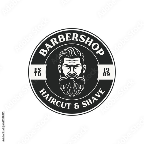 Stylish barber shop logo featuring a dashing man with a beard and mustache. vintage barbershop emblems, labels, badges, logos.