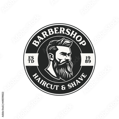 Stylish barber shop logo featuring a dashing man with a beard and mustache. vintage barbershop emblems, labels, badges, logos.