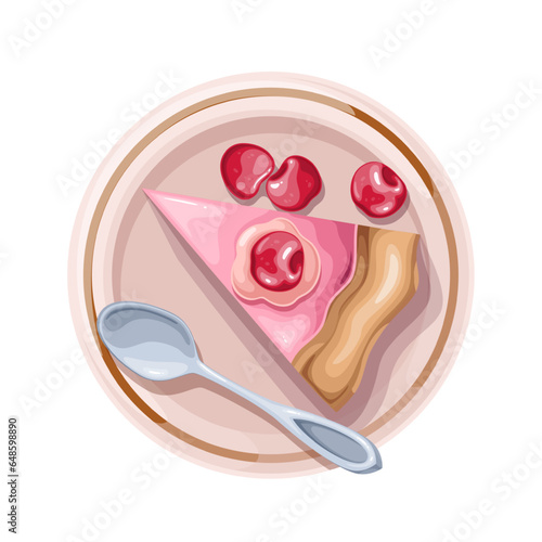 Cherry pie plate, top view vector illustration. Cartoon isolated baked homemade tart with cream, slice with crust and cherry fruit on round tray with spoon to eat for dessert at home holiday party