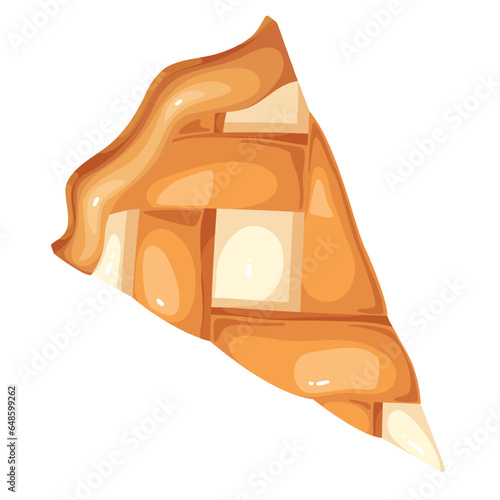 Cream or cheese pie slice, top view vector illustration. Cartoon isolated triangle piece of cheesecake or tart with shortcrust pastry lattice and custard filling, portion of pie dessert for eating