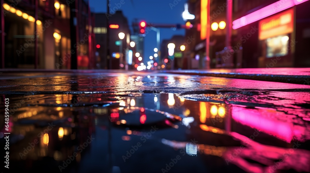 A rainy city street at night with beautiful reflections of street lights on the wet pavement