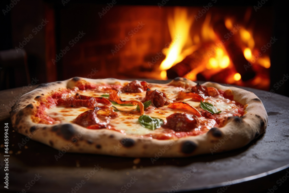 A delicious, hot, Italian pizza in front of a charcoal oven with a burning fire.