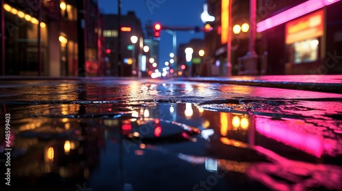 A rainy city street at night with beautiful reflections of street lights on the wet pavement © cac_tus