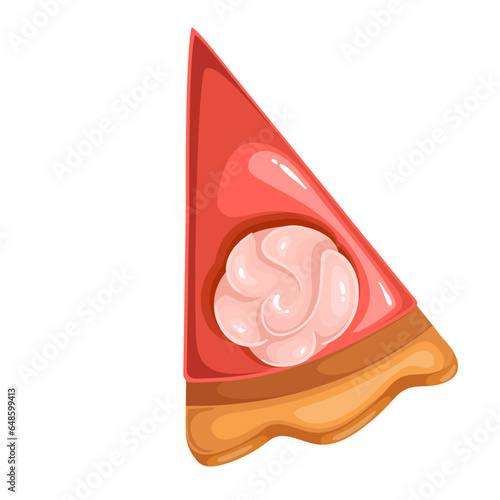 Berry pie slice, top view vector illustration. Cartoon isolated triangle piece of tart with red berry jelly, gourmet portion of shortcrust pastry cake decorated with whipped cream for dessert