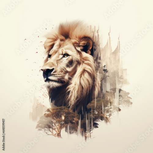 Double exposure of a lion isolated white background