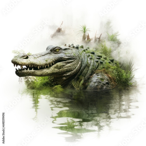 Double exposure of a crocodile aligator isolated white background