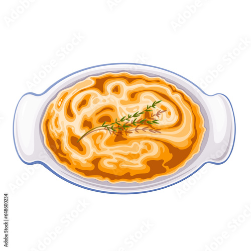 Shepherds Pie, top view vector illustration. Cartoon isolated ceramic tray with hot Cottage pie, traditional British baked gratin for dinner with mashed potatoes and beef meat, green peas and cheese