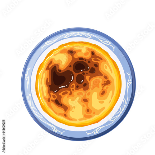 Basque cheesecake on plate, top view vector illustration. Cartoon isolated whole round cheesy pie of traditional Spanish cuisine, baked vanilla cake from plain cottage cheese with burned crust