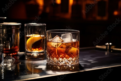 Cocktail with whiskey, liqueur, ice on bar counter. Bar tools, copy space banner. Generative AI