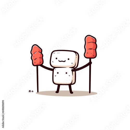 marshmallow roaster toasts a marshmallow in minimalistic, black and red line work, japan web vector illustration