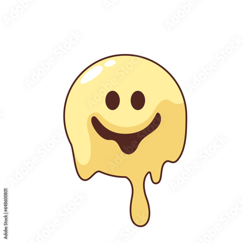 Groovy emoji melts vector illustration. Cartoon isolated sticker with yellow face of emoticon character melting with drips and splashes, emoji with funny psychedelic acid smile and trippy mood