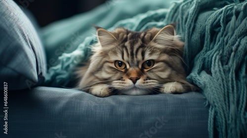 The camera captures a close-up of a lovely cat resting under a blanket on the sofa © Pretty Panda