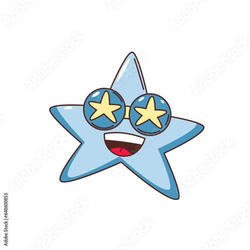 Groovy psychedelic star character vector illustration. Cartoon isolated sticker with happy cute emoji, funky funny smile on face of blue star with trippy sunglasses, excited emotion of good mood