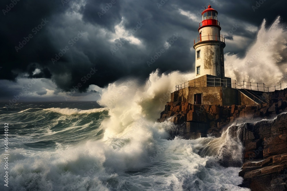 Lighthouse in stormy Porto. Generative AI
