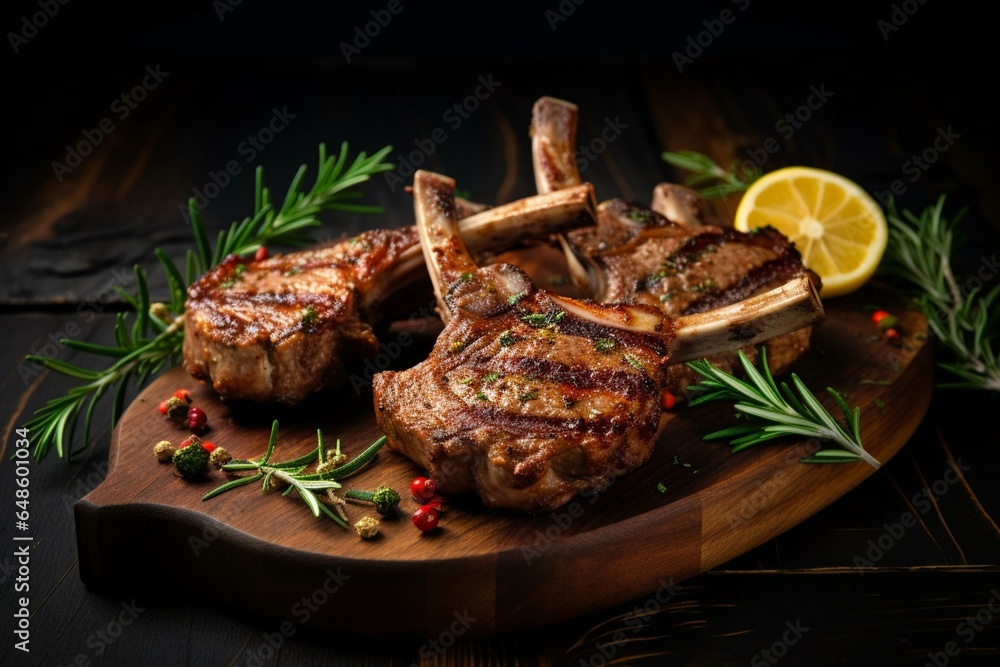 Delicious lamb chops and mutton cutlets on wooden board with a dark background. A top view. Generative AI
