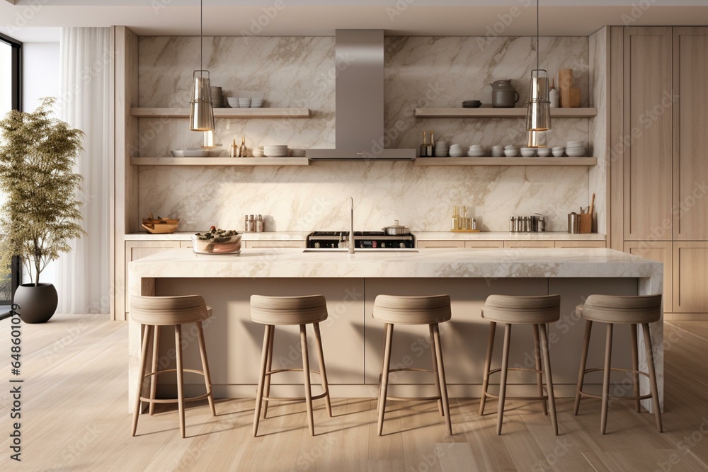 3D rendering of a contemporary beige kitchen with marble backsplash, wooden panels, island, stools, and closeup view. Generative AI