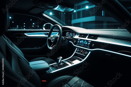 View of contemporary car interior with stylish LED lighting in the night. Generative AI