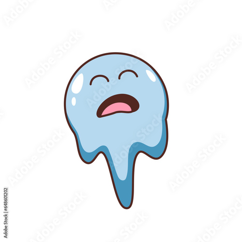 Groovy sad emoji melts vector illustration. Cartoon isolated psychedelic retro emoticon character with blue acid face and sarcasm trippy mood, melting funny chat emoji with fatigue and exhaustion