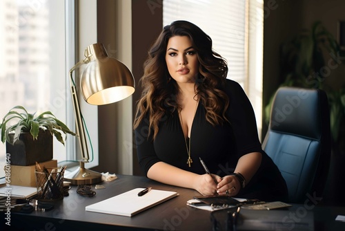 Plus size woman CEO or VP posing at her desk, excelling at her job photo