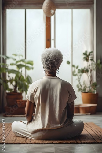 A senior black woman sitting on a yoga mat  practicing meditation and mindfulness for mental health