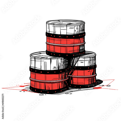 barrels age in storage in minimalistic, black and red line work, japan web vector illustration