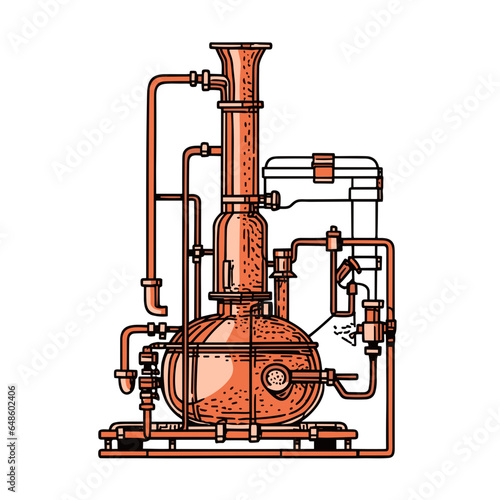 distiller operates copper still in minimalistic, black and red line work, japan web vector illustration