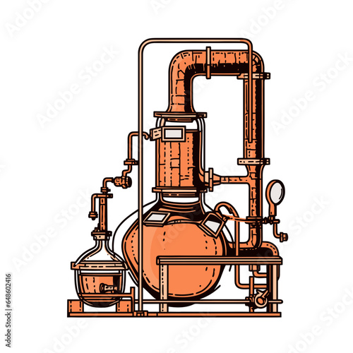 distiller operates copper still in minimalistic, black and red line work, japan web vector illustration