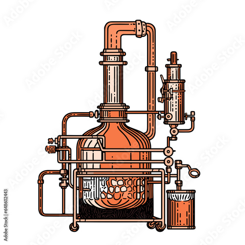 distiller operates copper still in minimalistic, black and red line work, japan web vector illustration