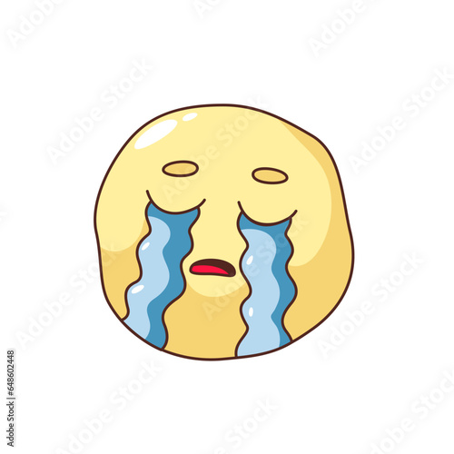 Groovy crying emoji vector illustration. Cartoon isolated psychedelic retro sad depressed emoticon character with tears in eyes to cry loudly, funky emoji sticker of unhappy mood, pain and sorrow