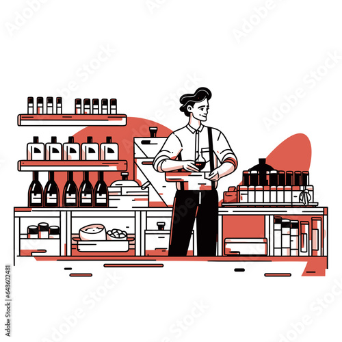 winery cellar door sales assistant serving wine samples in minimalistic, black and red line work, japan web vector illustration