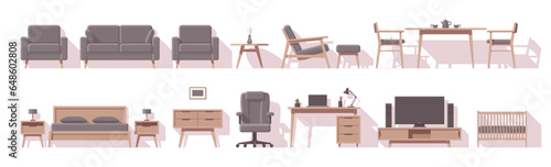 Furniture set. Interior furniture. Flat furniture. Sofa armchair bed desk and other. Vector illustration