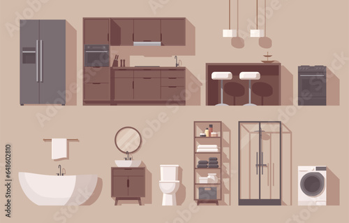 Furniture set. Interior furniture. Flat furniture. Kitchen furniture and other. Vector illustration
