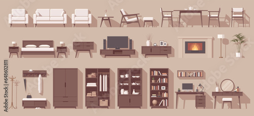 Furniture set. Interior furniture. Flat furniture. Living room furniture bedroom furniture and other. Vector illustration