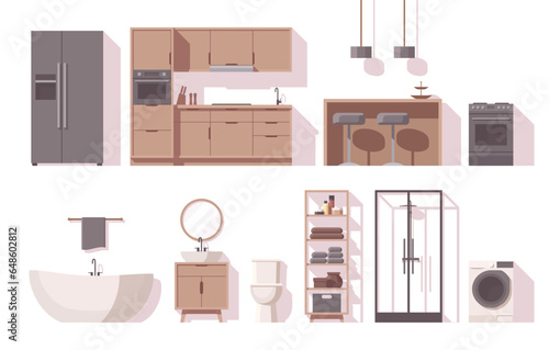 Furniture set. Interior furniture. Flat furniture. Kitchen furniture bathroom furniture and other. Vector illustration