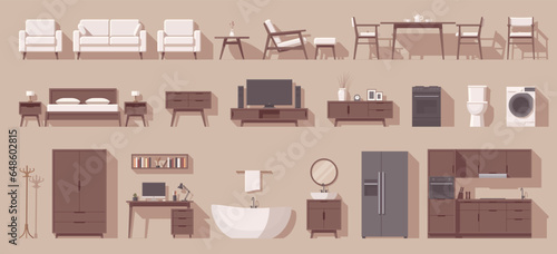 Furniture set. Interior furniture. Flat furniture. Living room furniture bedroom furniture kitchen furniture bathroom furniture and other. Vector illustration