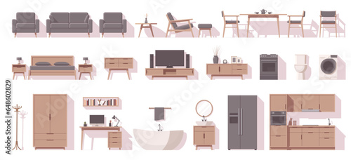 Furniture set. Interior furniture. Flat furniture. Living room furniture bedroom furniture kitchen furniture bathroom furniture and other. Vector illustration