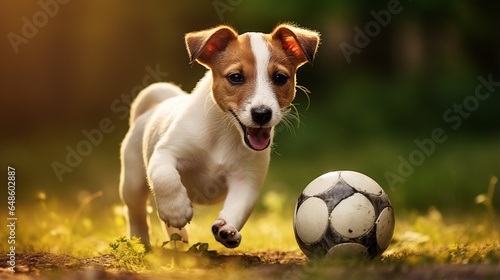 The Jack Russell puppy is engaged in a game with a ball
