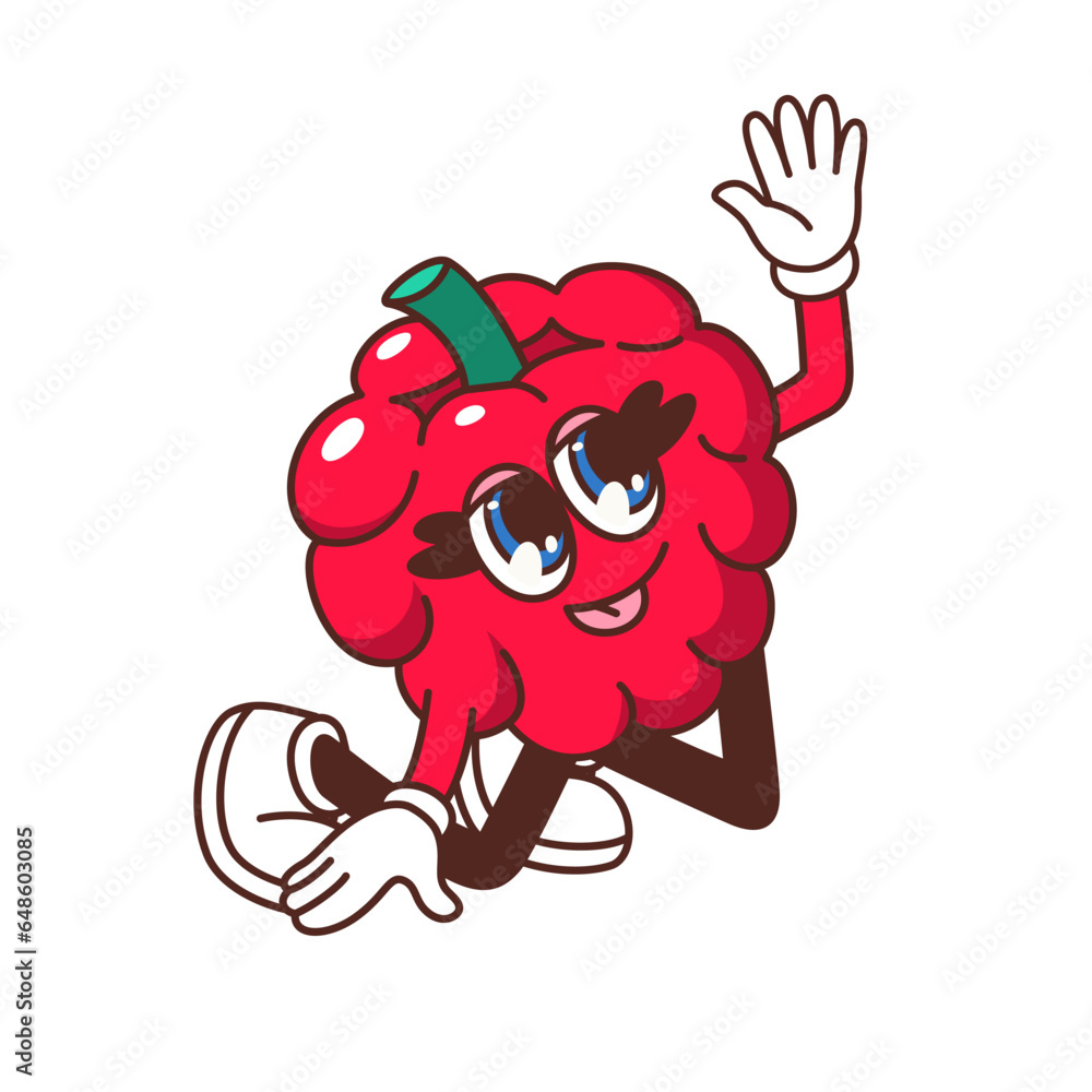 Groovy raspberry character vector illustration. Cartoon isolated kawaii Y2K red berry fruit mascot, sweet summer dessert personage with cute eyes with eyelashes, legs and arms, comic raspberry emoji Groovy raspberry character vector illustration. Cartoon isolated kawaii Y2K red berry fruit mascot, sweet summer dessert personage with cute eyes with eyelashes, legs and arms, comic raspberry emoji