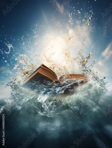 Bible book above on water splash, lively, fresh, vertical frame. Generative Ai illustration