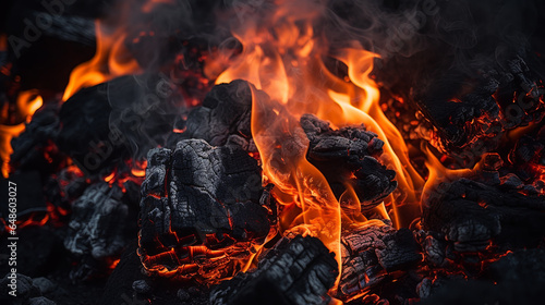 Close up of burning coals from a fire. ai generative
