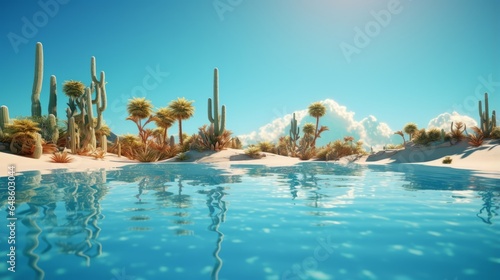 A vibrant desert landscape with a peaceful oasis and towering cacti